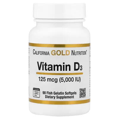 California Gold Nutrition (캘리포니아골드뉴트리션), 비타민D3, 125mcg(5,000IU), 피쉬 젤라틴 소프트젤 90정