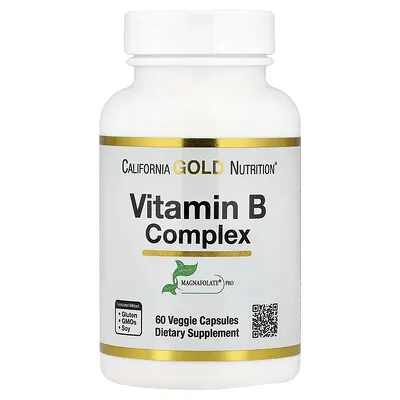 California Gold Nutrition (캘리포니아골드뉴트리션), 비타민B 복합체, 엽산, 비오틴, 판토텐산, 비타민B6 함유, 베지 캡슐 60정