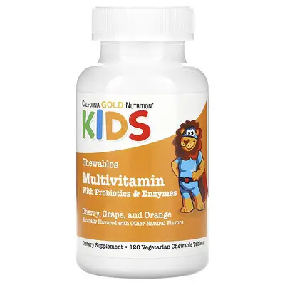California Gold Nutrition (캘리포니아골드뉴트리션), 츄어블 종합비타민, 프로바이오틱, 효소, 비타민A, 비타민C 함유, 어린이용, 혼합 과일 맛, 식물성 정제 120정