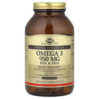 Solgar (솔가), 오메가3, EPA & DHA, 3배 강도, 950mg, 소프트젤 100정
